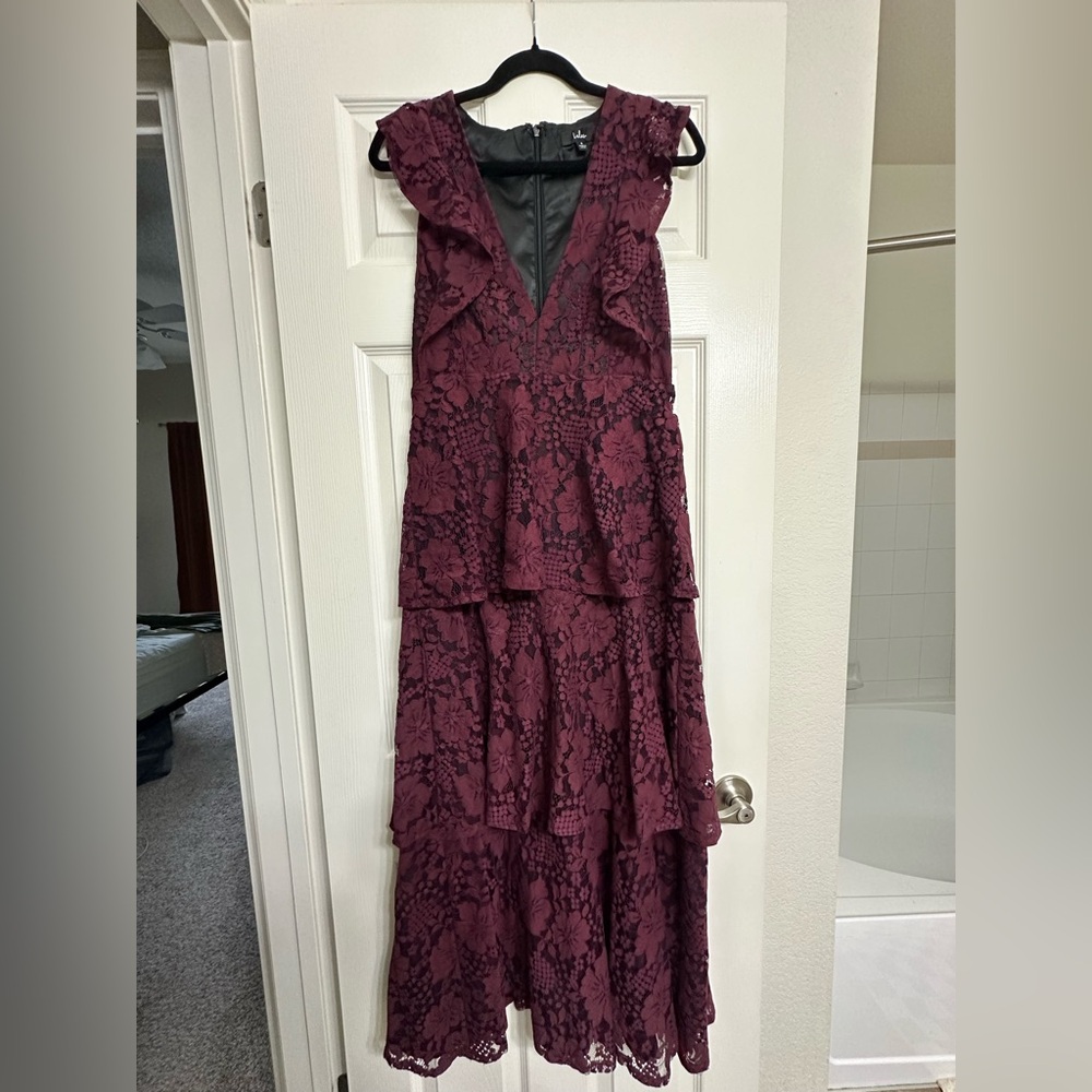 Lulu’s Molinetto Burgundy Lace Ruffled Tiered Sleeveless Maxi Dress